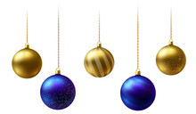 Realistic Gold And Blue Christmas Balls Hanging On Gold Beads Chains On White Background.