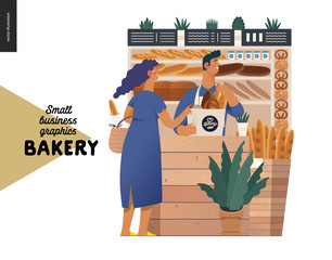 Wall Mural - Bakery -small business illustrations -bakery vendor and buyer -modern flat vector concept illustration of a shop assistant wearing apron at the counter with display case and a woman buying bread