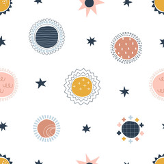 Wall Mural - Vector Seamless Pattern with decorative Sun icons. Scandinavian Doodle solar circles. Sky sunny Background for kids nursery fashion, textile, fabric design