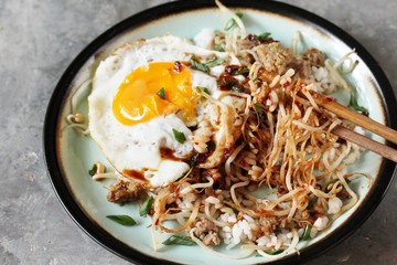 Wall Mural - Kongnamul Bap. Korean Beansprout Rice. Kongnamul means “soybean sprouts” in English and bap means “rice.” BEAN SPROUT BEEF RICE BOWL 