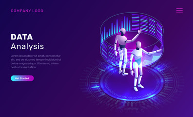 Poster - data analysis, artificial intelligence isometric concept vector illustration. two robots or cyborgs 