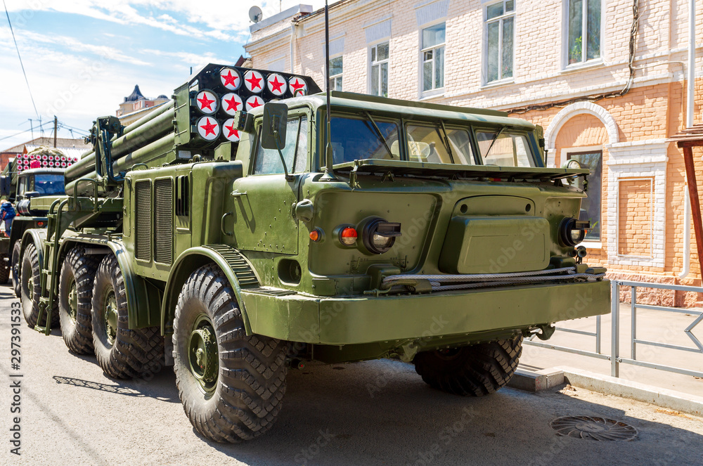 Russian self-propelled multiple rocket launcher system BM-27 Uragan ...