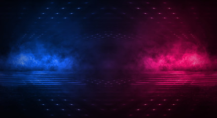 Wall Mural - dark night empty scene. wet asphalt, red blue neon, smoke. reflection of neon lights on a concrete f