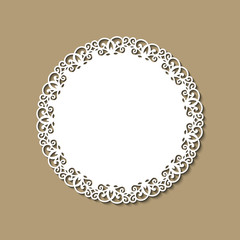 Wall Mural - Laser cutting template of ornamental frame with openwork decoration on gold background. Wedding or greeting invitation card with lacy edge of the border at vintage style. Round vector silhouette.