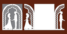 Laser Cut Template Of Wedding Invitation Card With Bride And Groom. Gate Fold With Openwork Vector Silhouette. Envelope For Greeting Postcard With Lace Arch. Panel With Decorative Ogee Design Pattern.