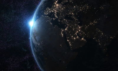 world and sun realistic 3d rendering. shiny sunlight over planet earth, cosmos, atmosphere. shot fro