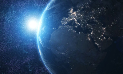 world and sun realistic 3d rendering. shiny sunlight over planet earth, cosmos, atmosphere. shot fro