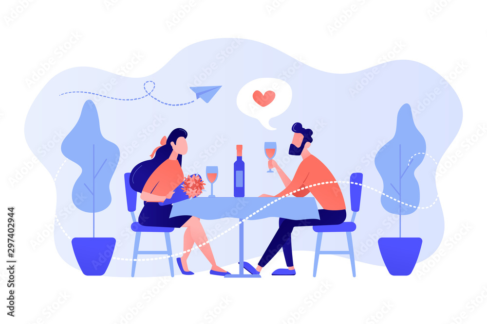 Happy couple in love on romantic date sitting at table and drinking wine, tiny people. Romantic date, romantic relationship, love story concept. Pinkish coral bluevector isolated illustration - obrazy, fototapety, plakaty 