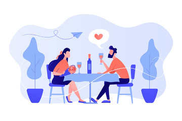 Wall Mural - Happy couple in love on romantic date sitting at table and drinking wine, tiny people. Romantic date, romantic relationship, love story concept. Pinkish coral bluevector isolated illustration