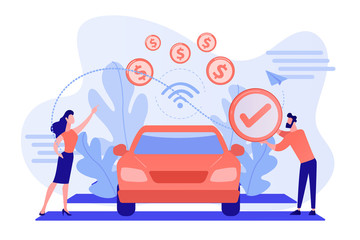 Poster - business people paying in vehicle equiped with in-car payment system. in vehicle payments, in-car pa