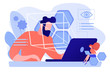Businessman and technology measuring eye position and movement, tiny people. Eye tracking technology, gaze tracking, eye position sensor concept. Pinkish coral bluevector isolated illustration