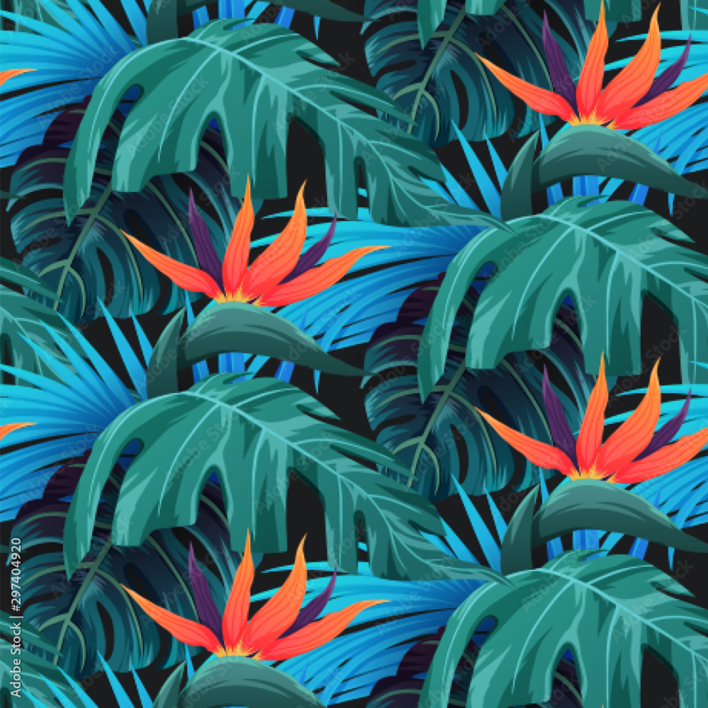 Bright tropical seamless pattern with jungle plants. Exotic background ...
