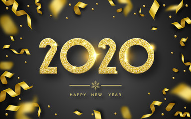 Wall Mural - Happy New Year 2020. Background with shining numerals and ribbons. New year and Christmas card illustration on black background. Holiday illustration of golden textured numbers 2020