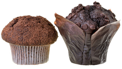 Set dark muffin decorated with chocolate chip Isolated