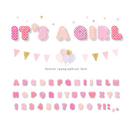 Wall Mural - Cute polka dots font in pastel pink. Paper cutout ABC letters and numbers. Funny alphabet for girls.