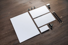 Blank Corporate Stationery Set On Wood Table Background. Corporate Identity Template. Responsive Design Mockup.