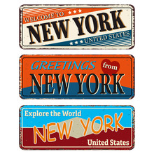New York Retro Souvenirs Or Old Paper Postcard Templates On Rust Background. States Of America