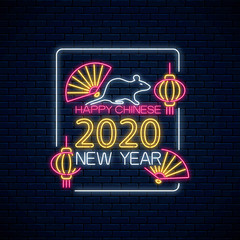 Happy Chinese New 2020 Year of white rat greeting card design in neon style. Zodiac sign for banner, flyer, invitation