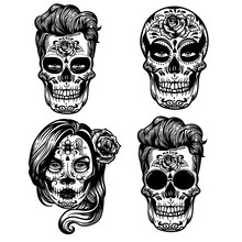 Vector Hand Drawn Illustration Of Day Of The Dead Skull And Sugar Skull Girl. Skulls Hipster, Sugar Flower. Skull Tattoo Punk Style  Isolated On White.