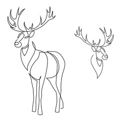 One line design silhouette of deer. Set of full height and head. Hand drawn single continuous line minimalism style vector illustration