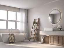 Modern Contemporary Style Bathroom 3d Render, With Beige Tile Walls, Black And White Pattern Floor,Decorate With Wooden Shelves And Cabinet,The Rooms Have Large Windows, Natural Light Shines Inside.