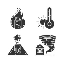 Poster - Natural disaster glyph icons set. Weather forecast, fire, volcanic eruption, tornado. Insurance case. Extreme events. Destructive force of nature. Silhouette symbols. Vector isolated illustration