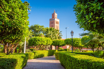 Koutoubia Mosque minaret in old medina  of Marrakesh, Morocco