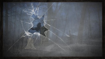 Canvas Print - broken window view of bat filled graveyard 4k loop features a view out an old broken window on a dar