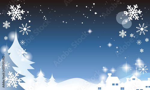 キラキラ夜空背景イラスト素材 冬 雪の結晶 冬景色 もみの木