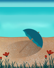 Blue sea view with umbrella on beach and red flower.