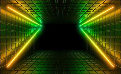 Poster - Multicolored neon lamps in a dark tunnel. Reflections on the walls.