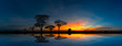 Panorama silhouette tree and Mountain with sunset.Tree silhouetted against a setting sun reflection on water.Typical african sunset with acacia trees in Masai Mara, Kenya.