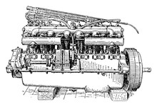 Valve Side View Of Six Cylinder Rolls Royce Engine, Vintage Illustration.