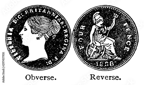 Cuadros en Lienzo Fourpenny Piece of Queen Victoria, vintage illustration.