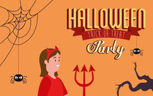 Poster Of Party Halloween With Woman Disguised Of Devil Vector Illustration Design