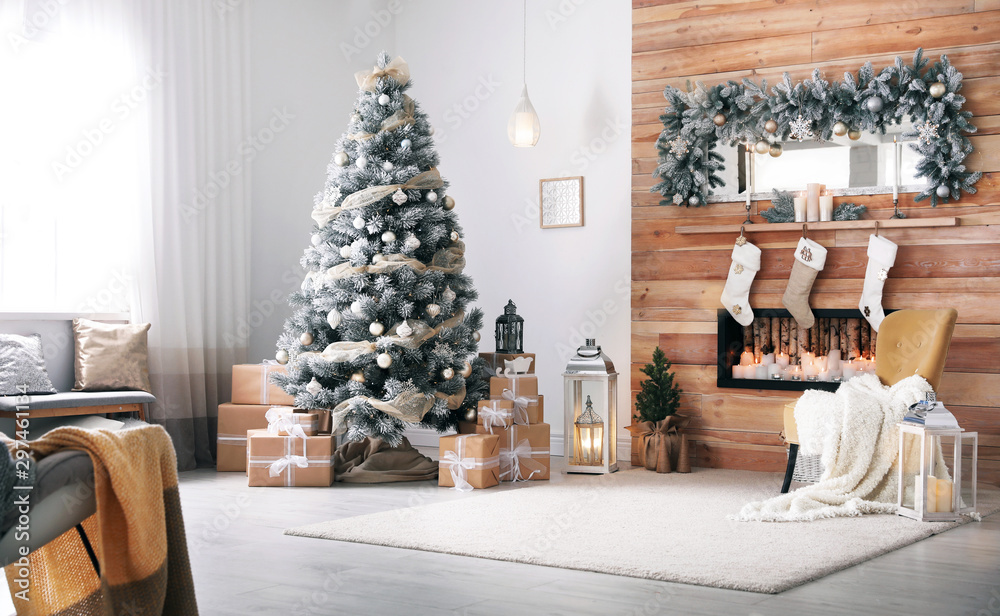 Festive interior with decorated Christmas tree and fireplace - obrazy, fototapety, plakaty 