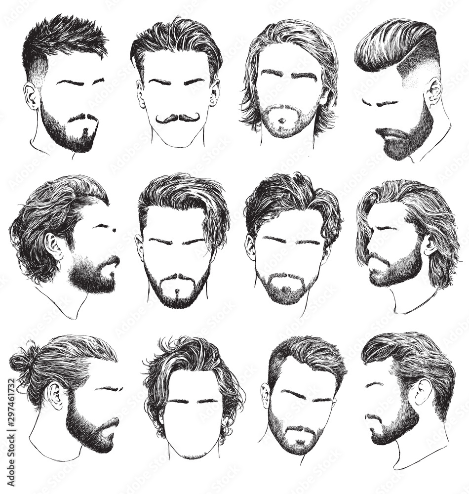 Highly detailed, hand drawn men’s hairstyles, beards and mustaches vector set. - obrazy, fototapety, plakaty 