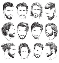 Highly Detailed, Hand Drawn Men’s Hairstyles, Beards And Mustaches Vector Set.