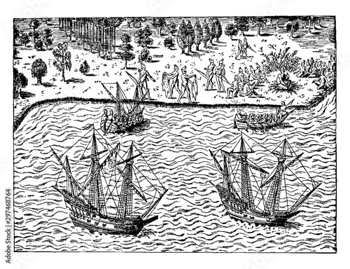 Fotomural The Huguenots - The Landing of John Ribault,vintage illustration.