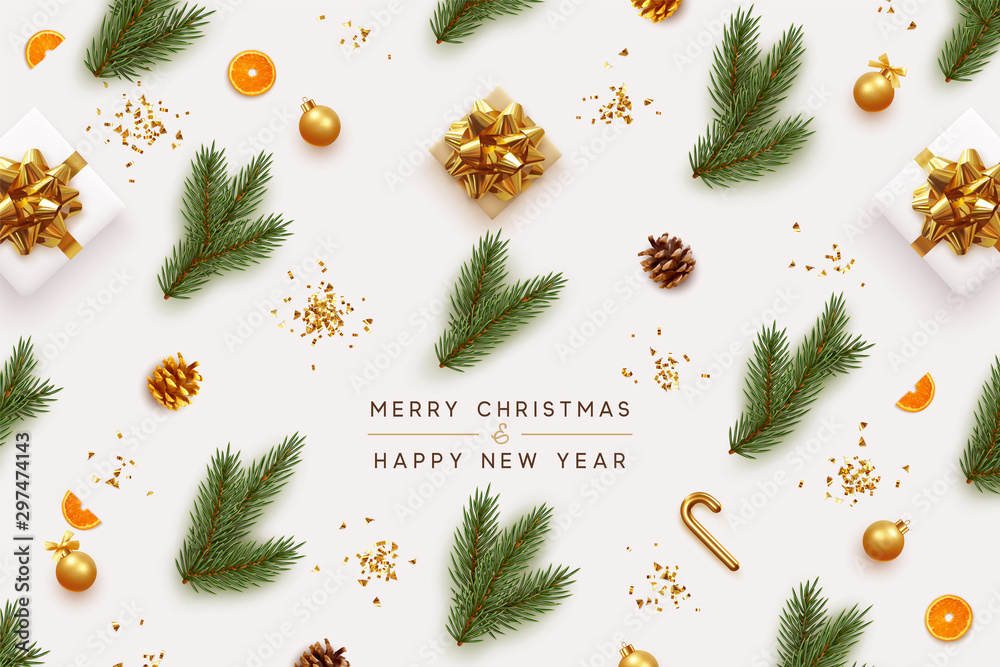 Merry Christmas and Happy New Year. Xmas background with realistic ...