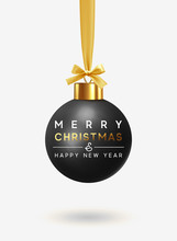 Merry Christmas And Happy New Year. Xmas Background With Black Ball Bauble Hanging On Realistic Golden Ribbon With Bow. Greeting Card, Banner, Poster. Vector Illustration