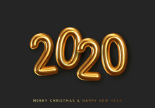 Happy New Year 2020. Golden Metal Numbers. Realistic 3d Render Signs.