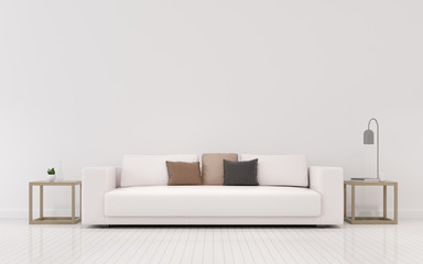 Poster - View of white living room in minimal style with sofa and small side table on laminate floor.Perspective of interior design. 3d rendering.	