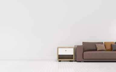 Aufkleber - View of white living room in minimal style with sofa and small side table on laminate floor.Perspective of interior design. 3d rendering.	
