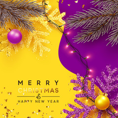 Christmas Background. Xmas design of sparkling realistic lights garland, yellow snowflake and glitter gold confetti, ball bauble. Horizontal christmas poster, greeting cards, headers, website