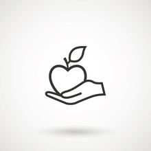 Apple In Hand Icon. Hand Holding An Apple, Logo On White Background.