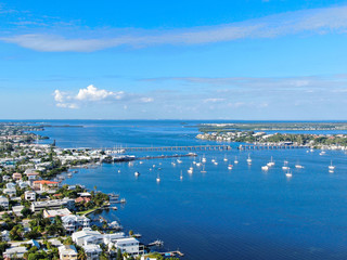 Aerial view of Anna Maria Island town and beaches, barrier island on Florida Gulf Coast. Manatee County. USA