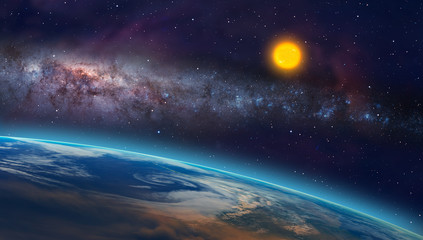 Poster - View of the planet Earth from space during a sunrise against milkyway galaxy and sun