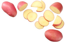 Raw Red Potato With Slices Isolated On White Background. Top View