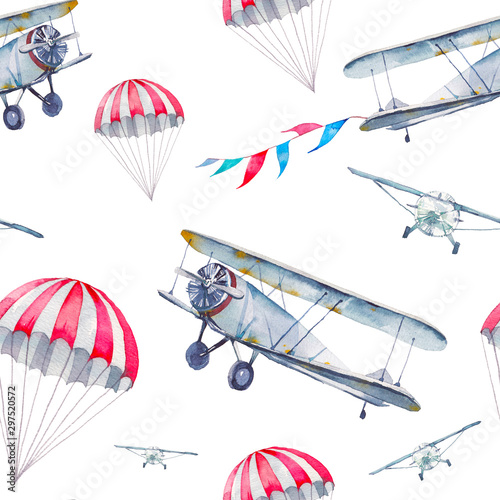 Dekoracja na wymiar  akwarela-kreskowka-samolotem-wzor-recznie-malowane-tekstury-z-rocznika-latajacego-tr